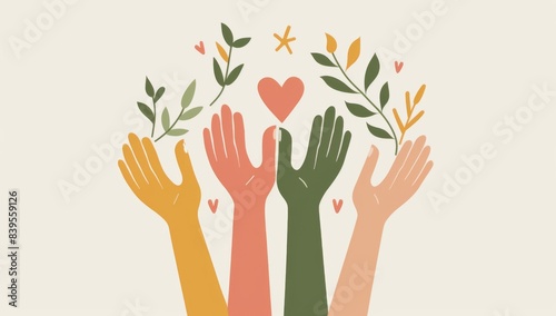 Unity and Support Logo with Diverse Hands and Hearts in Pastel Colors, Minimalist Illustration Symbolizing Growth and Environmental Awareness