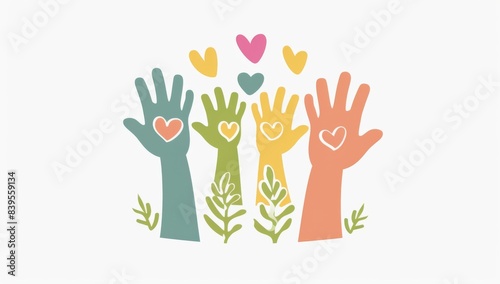 Unity and Support Logo with Diverse Hands and Hearts in Pastel Colors, Minimalist Illustration Symbolizing Growth and Environmental Awareness
