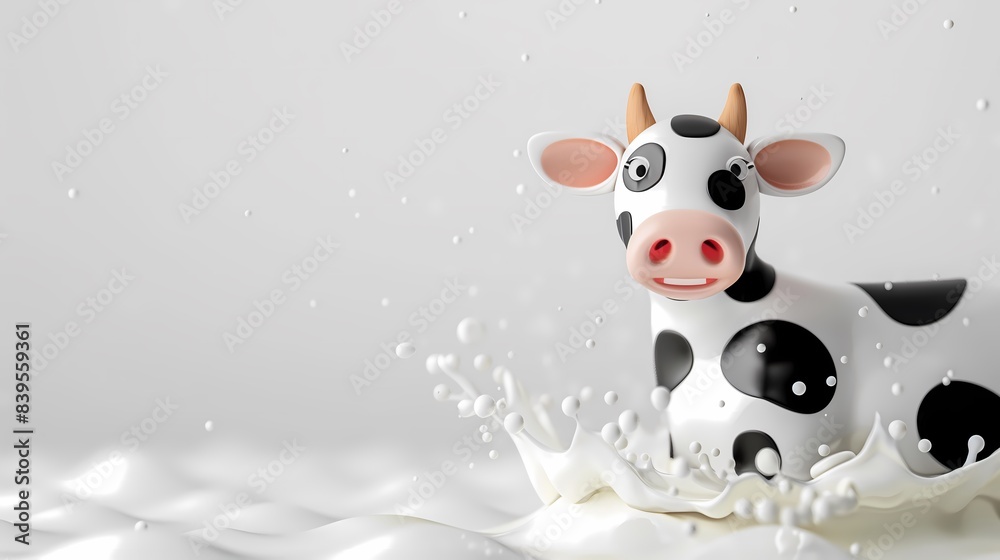 Naklejka premium Splash of milk and cute cow with blank space background for advertising