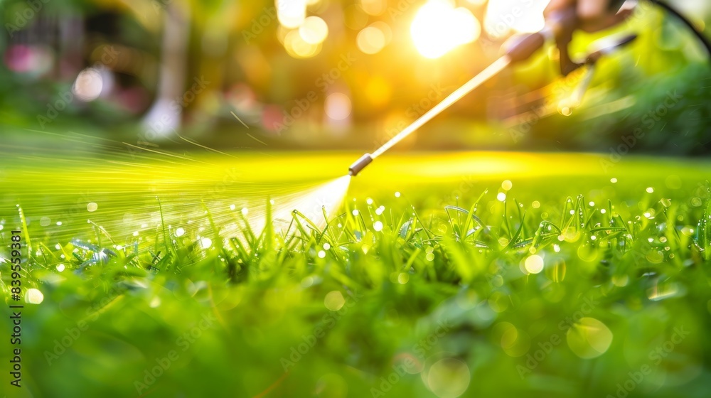 Obraz premium Pest control worker spraying pesticide on green lawn outdoors for effective pest management