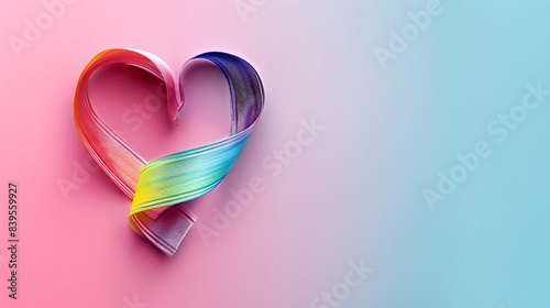 Heartshaped rainbow ribbon, blank space, minimalism, negative space, template, pride month LGBTQIA theme, pastel floral wallpaper photo