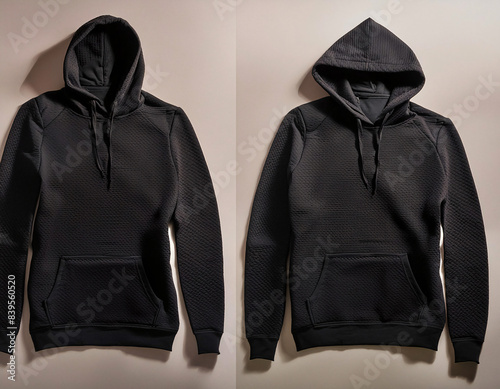 A flatlay mockup of a black hoodie with long sleeves, front and back views, isolated on a white background.