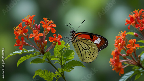 A Jezebel Butterfly (Delias eucharis) rests delicately on a Royal Poinciana flower against a soft green backdrop, exuding natural beauty. photo