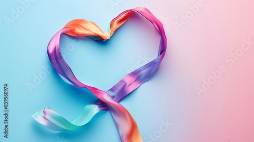 Heartshaped rainbow ribbon, blank space, minimalism, negative space, template, pride month LGBTQIA theme, pastel floral wallpaper photo