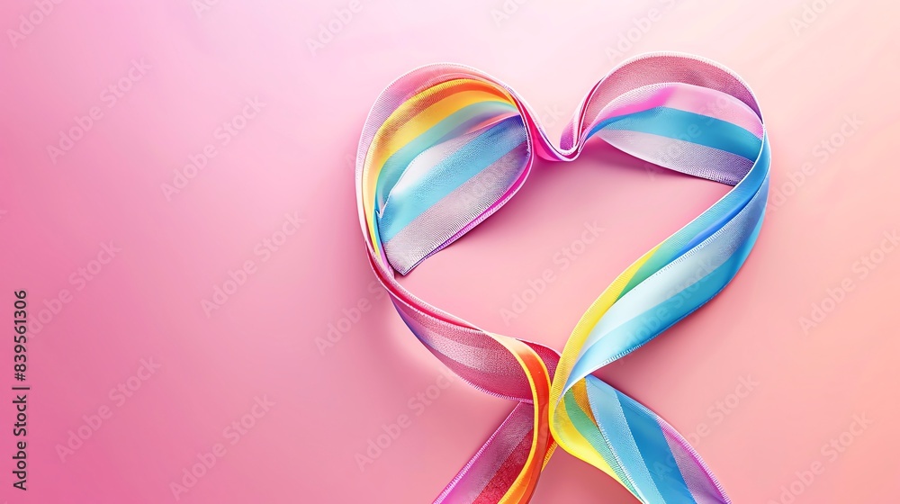 Fototapeta premium Heartshaped rainbow ribbon, blank space, minimalism, negative space, template, pride month LGBTQIA theme, pastel floral wallpaper
