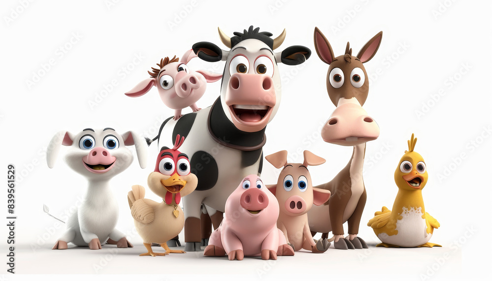 Group of cartoon farm animals including a cow, pig, and chicken. Concept of fun and farm life by AI generated image Group of cartoon farm animals including a cow, pig, and chicken. Concept of fun and farm life by AI generated image