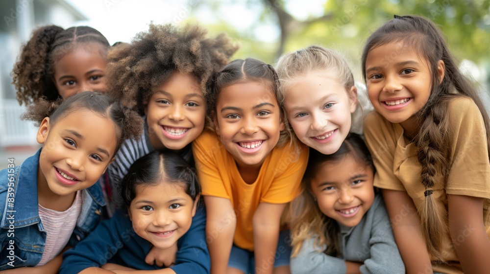 Group of diverse cheerful fun happy multiethnic little girls outdoors at the schoolyard Group of diverse cheerful fun happy multiethnic little girls outdoors at the schoolyard