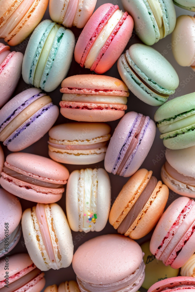 A lavish assortment of macarons in different flavors and colors, tightly arranged to fill the entire frame. The macarons display a palette of pastel and bright colors A lavish assortment of macarons in different flavors and colors, tightly arranged to fill the entire frame. The macarons display a palette of pastel and bright colors