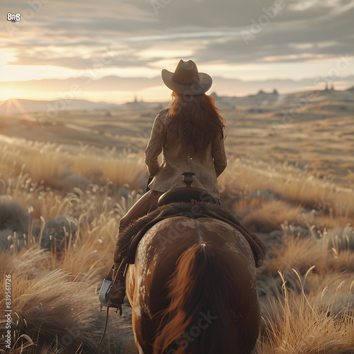 A cowgirl riding a horse in a beautiful natural landscape