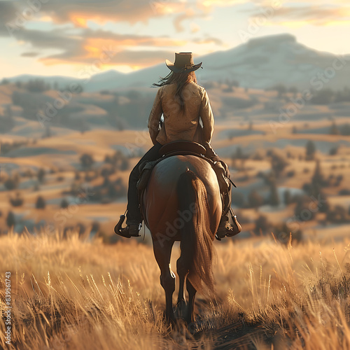 A cowgirl riding a horse in a beautiful natural landscape