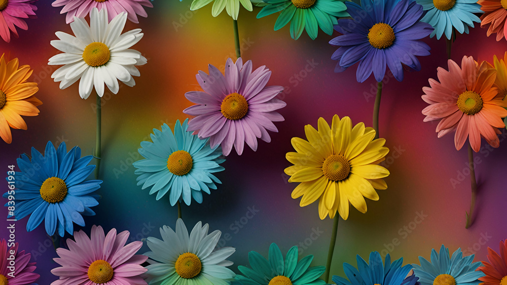 Whimsical daisies bloom against a rainbow gradient backdrop, creating a vibrant and enchanting scene filled with joy and color Whimsical daisies bloom against a rainbow gradient backdrop, creating a vibrant and enchanting scene filled with joy and color