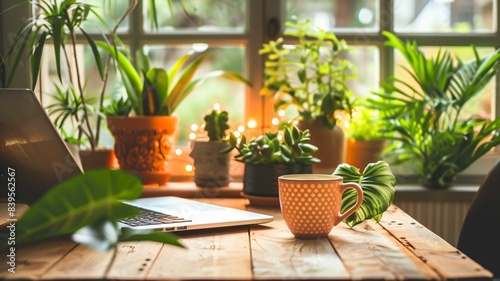 Cozy Home Office with Plants and Coffee © SunPunjiStudio