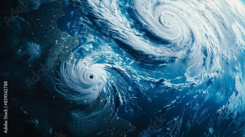 Close-up view of planet Earth with swirling storm patterns and the Milky Way. Natural disasters and cosmic backdrop