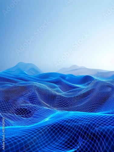 Fototapeta 3d Abstract blue wire mesh forms a glowing landscape blue gradient background hyper realistic 