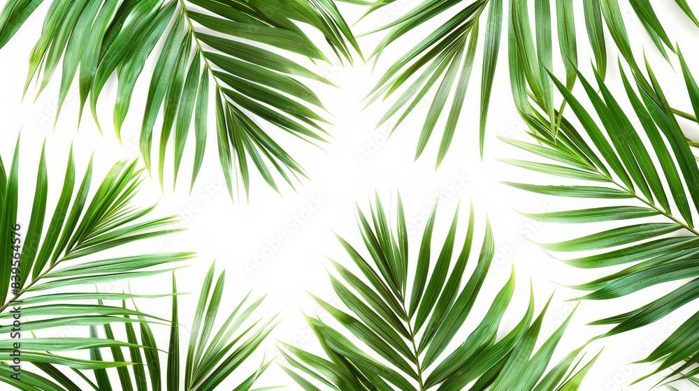 Elegant palm leaf pattern on pristine white background, vibrant and minimalistic Perfect for tropical and modern design themes Elegant palm leaf pattern on pristine white background, vibrant and minimalistic Perfect for tropical and modern design themes