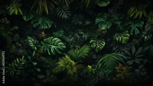 Tropical jungle border with lush leaves surrounding empty space  nature background with copy space