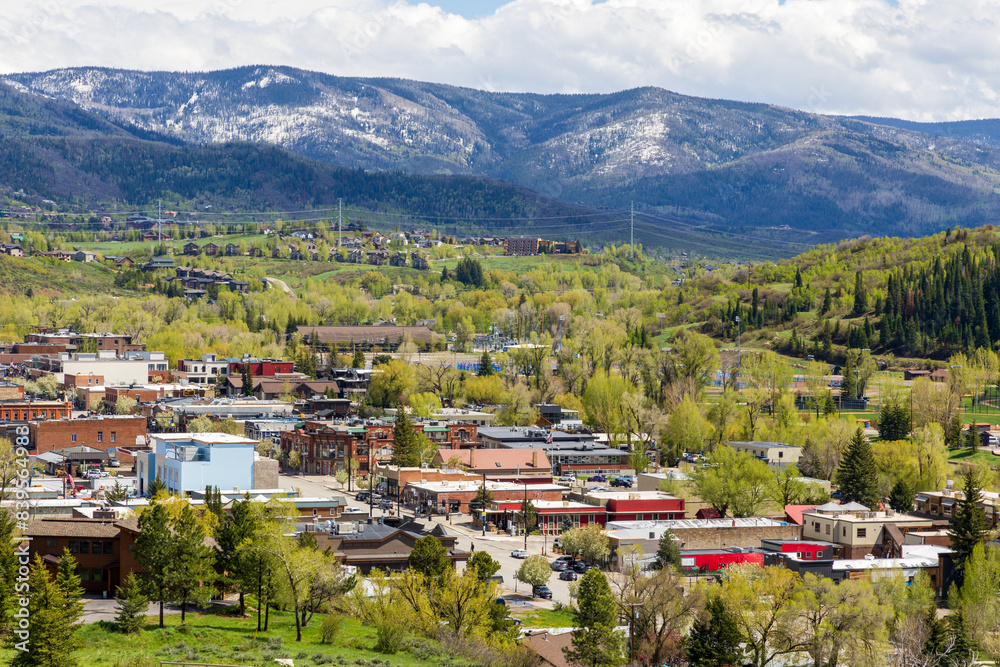 Fototapeta premium Aerial View of Downtown Steamboat Springs, Colorado, in the spring