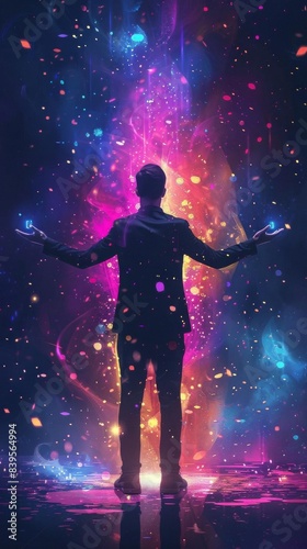 A man standing with his arms outstretched in front of a colorful abstract background.