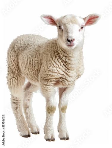Cut out of young sheep lamb isolated on white background looking at camera. Side view full body length. Innocence and sacrifice concept .No people. Copy space   Generative AI hyper realistic 
