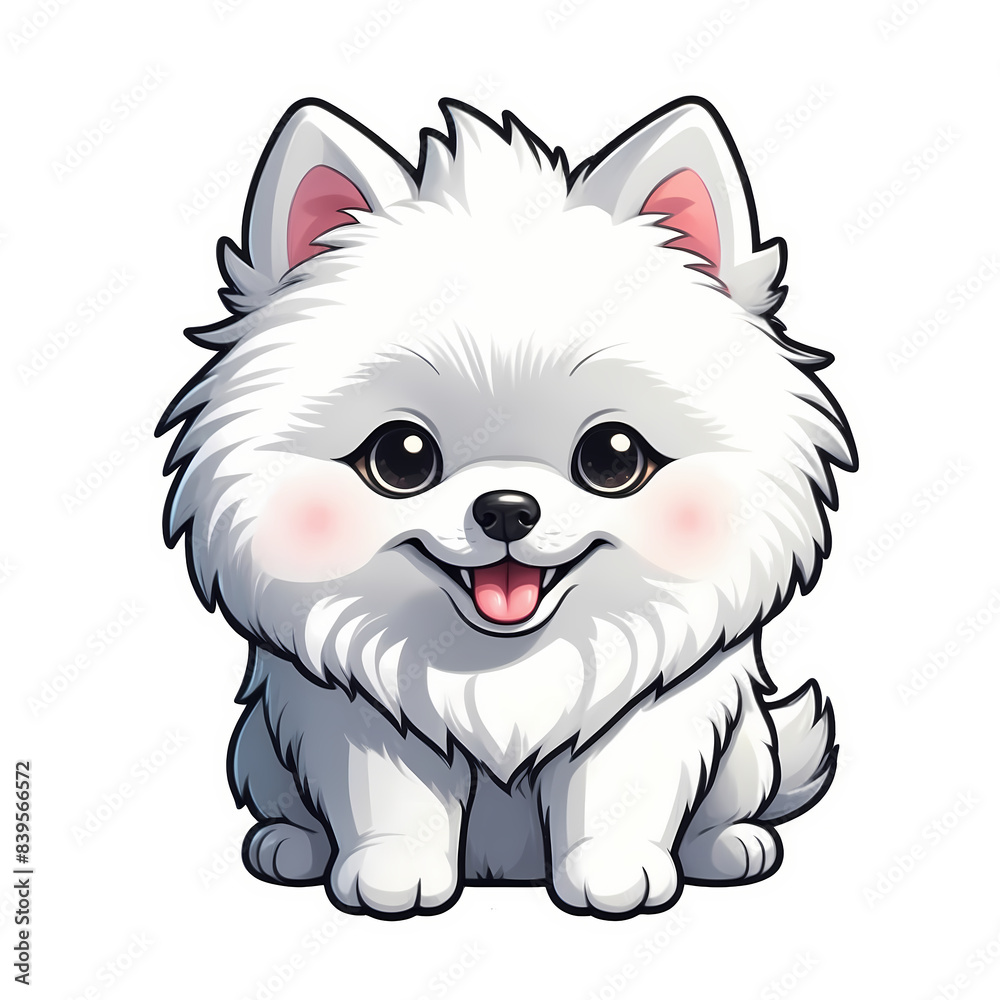 Cute Childish Kawaii White Pomeranian Dog Character Sticker with Fluffy Fur, Big Smile, and Sparkling Eyes, Tongue Sticking Out, Thick Black Outline, Generative AI Cute Childish Kawaii White Pomeranian Dog Character Sticker with Fluffy Fur, Big Smile, and Sparkling Eyes, Tongue Sticking Out, Thick Black Outline, Generative AI