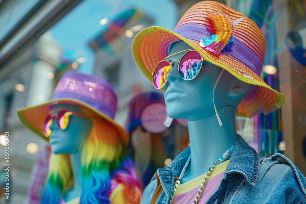 Mannequins in window display with rainbow-themed outfits and accessories. Celebrating LGBTQ+ pride. Bright, colorful hats, sunglasses, Reflects spirit of inclusivity and joy. Urban setting.