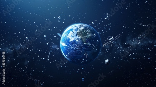 Planet Earth surrounded by satellites and debris in the vastness of space. Emphasizing the human impact on space with orbiting objects