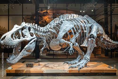 A skeleton of a trex is on display over a wooden table © Huyen
