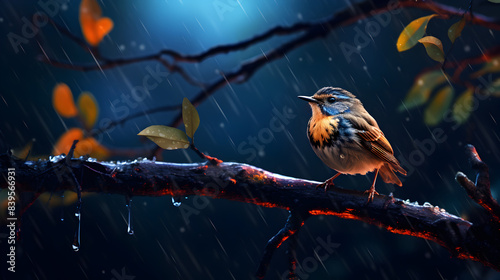 robin on a branch.Beautiful Small Bird on Blossom Tree in Heavy Rain © kin