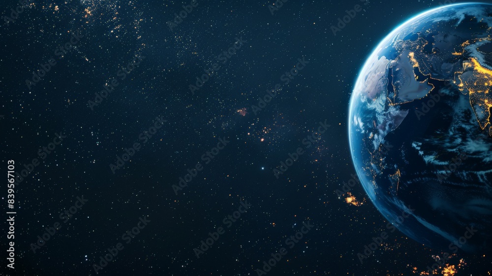 Obraz premium Stunning view of planet Earth illuminated by city lights against the dark expanse of space. Highlighting the connectivity and urbanization of our world