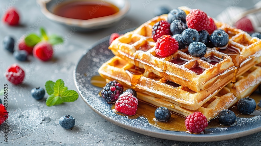 Belgian waffles with strawberries, blueberries and syrup, homemade healthy breakfast Belgian waffles with strawberries, blueberries and syrup, homemade healthy breakfast