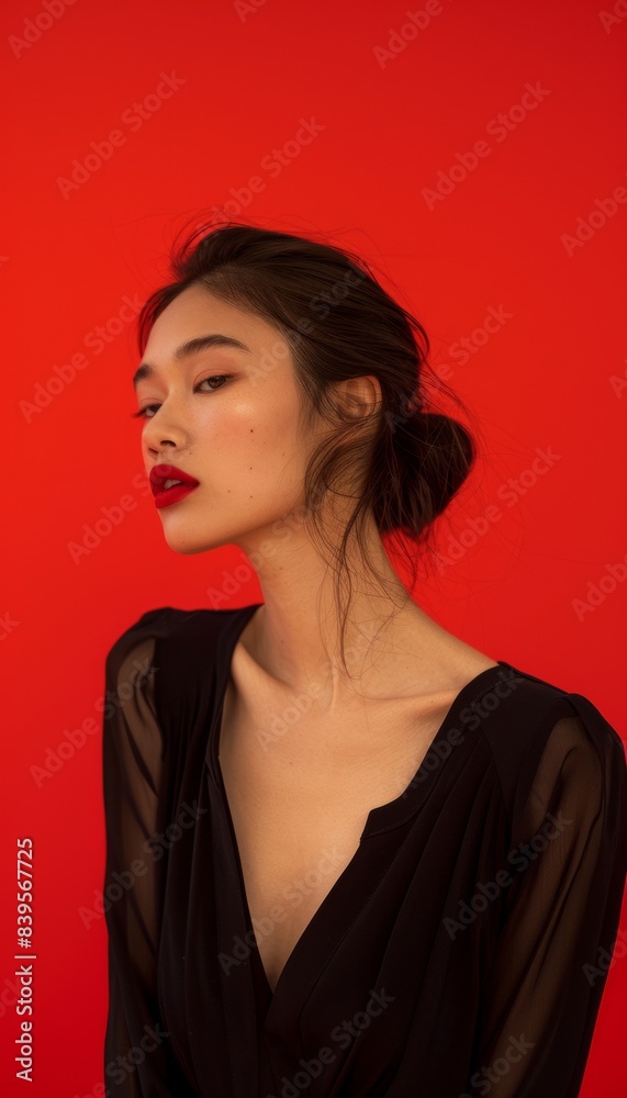 Ultra-sharp image capturing a fashion model woman posing thoughtfully against a vibrant red Ultra-sharp image capturing a fashion model woman posing thoughtfully against a vibrant red