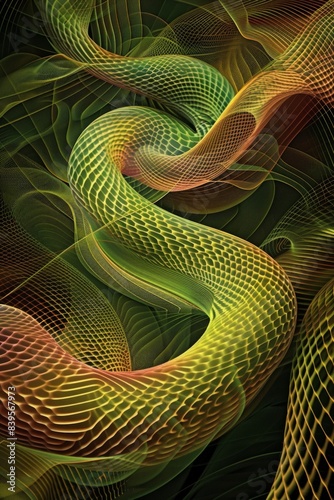 digital abstract depiction of a snake with a green and gold patterned body. The snakes body is woven into a network of lines with a minimalist background. photo