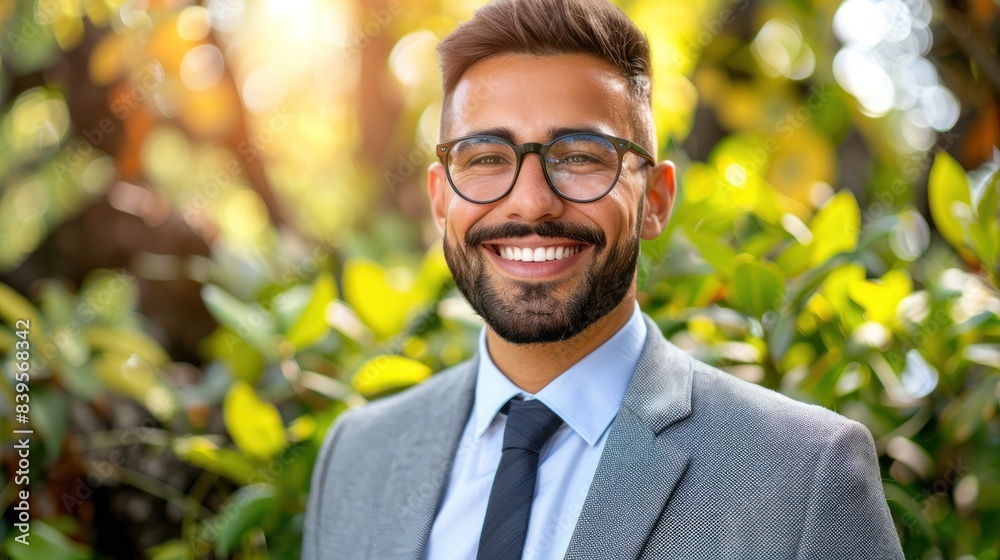 Smiling man in a suit and tie standing outdoors in a green leafy park Smiling man in a suit and tie standing outdoors in a green leafy park