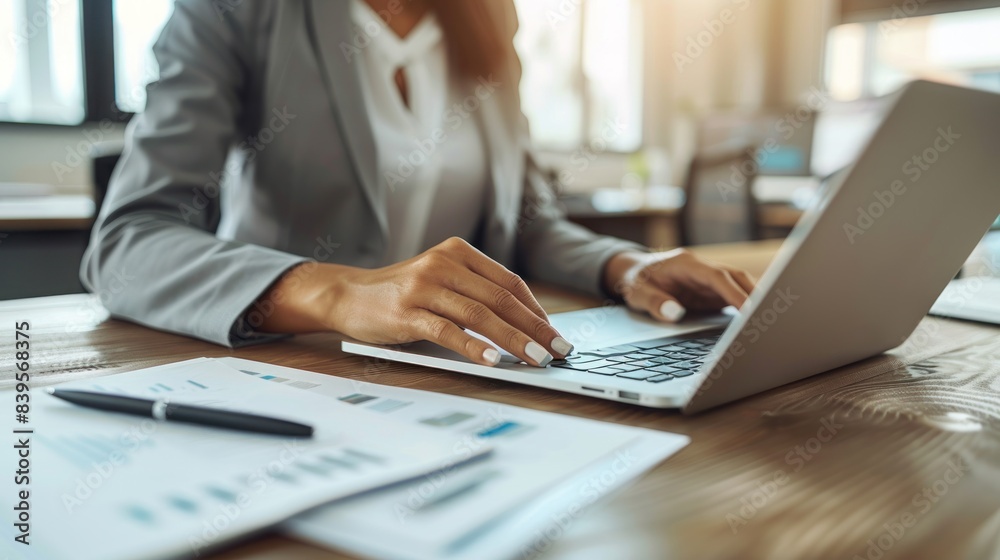 Woman working on a laptop with paperwork on her desk Woman working on a laptop with paperwork on her desk