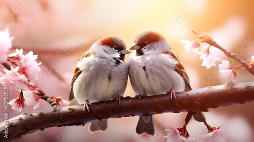 Adorable Sparrows in Cherry Blossom Garden. HD Wallpaper