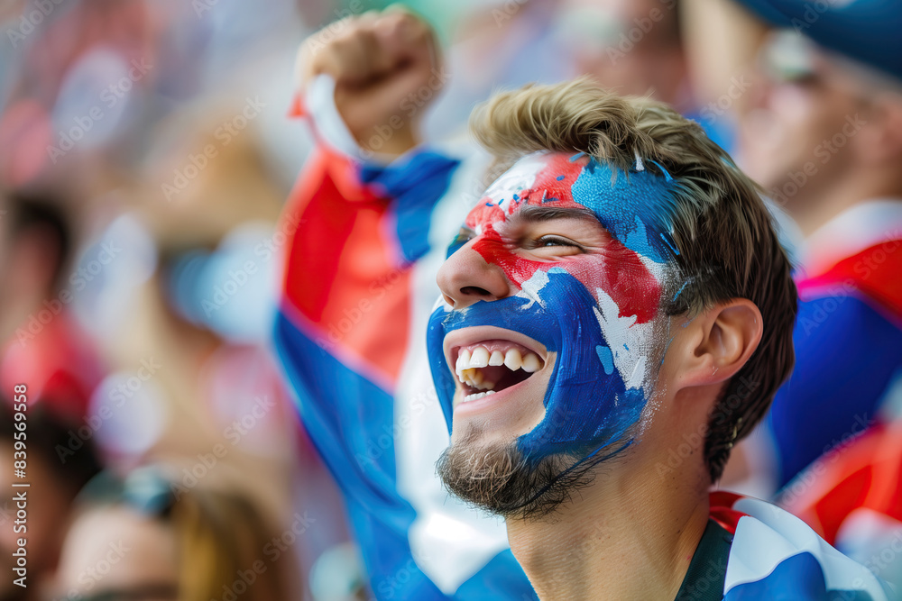 Excited French Man Cheering in Stadium with Face Paint Excited French Man Cheering in Stadium with Face Paint