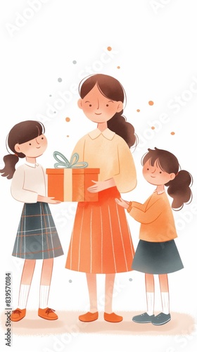  Illustration of a mother and two daughters holding a gift, surrounded by confetti, creating a joyful and festive scene of giving and celebration.