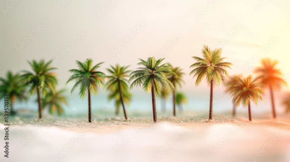 Tropical beach miniature palm trees sunset white background close up whimsical composite summer theme Tropical beach miniature palm trees sunset white background close up whimsical composite summer theme