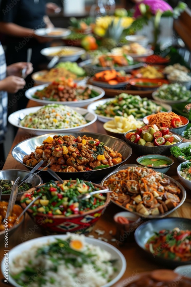 A buffet table full of delicious food. AI.