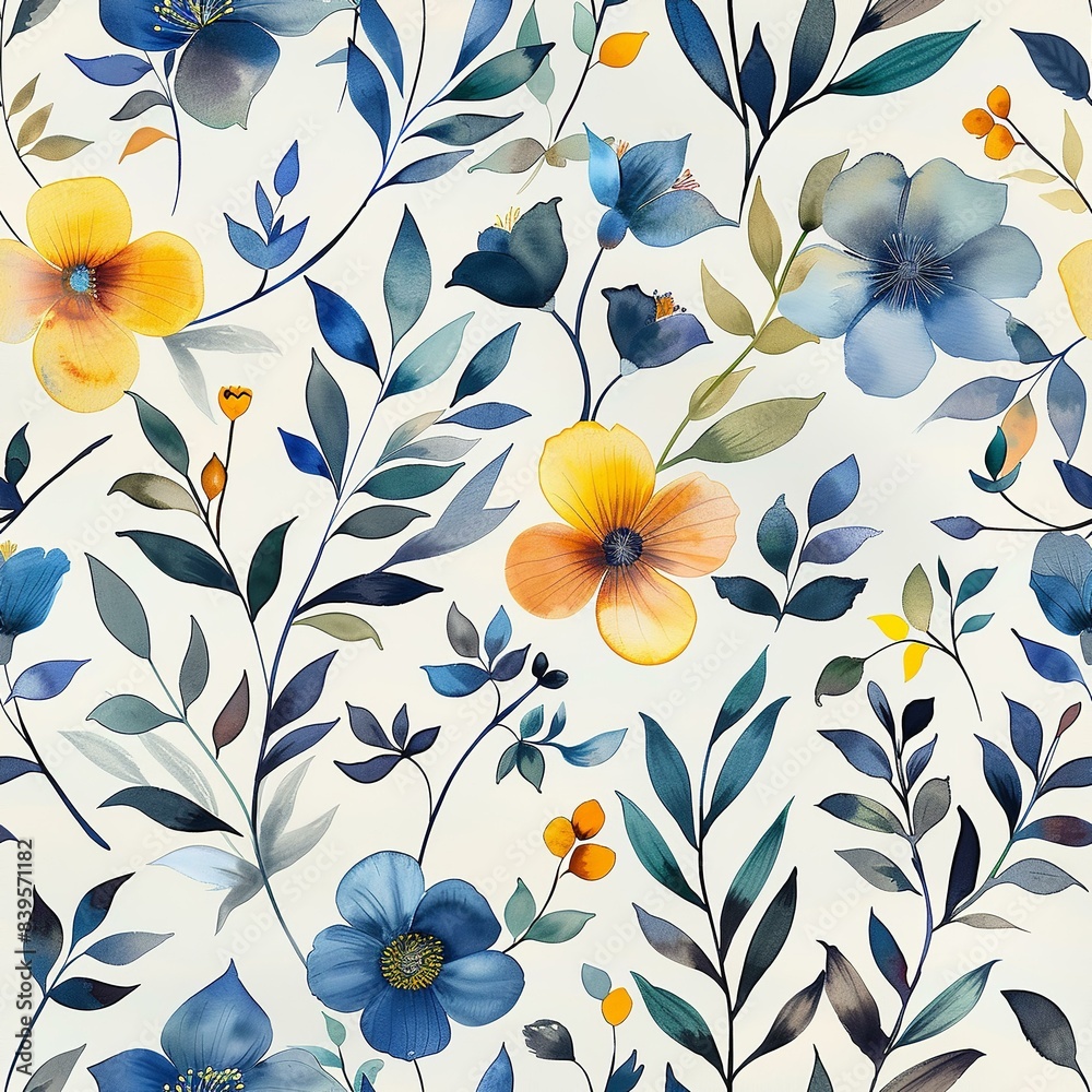 Obraz premium Modern Floral Pattern with Blue and Yellow Flowers