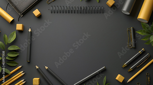 A black notebook surrounded by various office supplies on a black table.