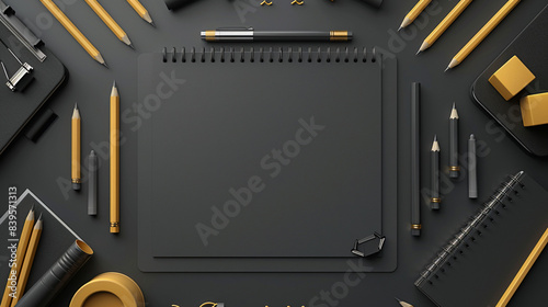 This image shows a black clipboard with office supplies on a black table.