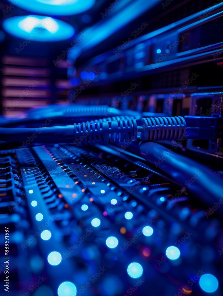 Blue cables and lights in a server room. AI. Blue cables and lights in a server room. AI.