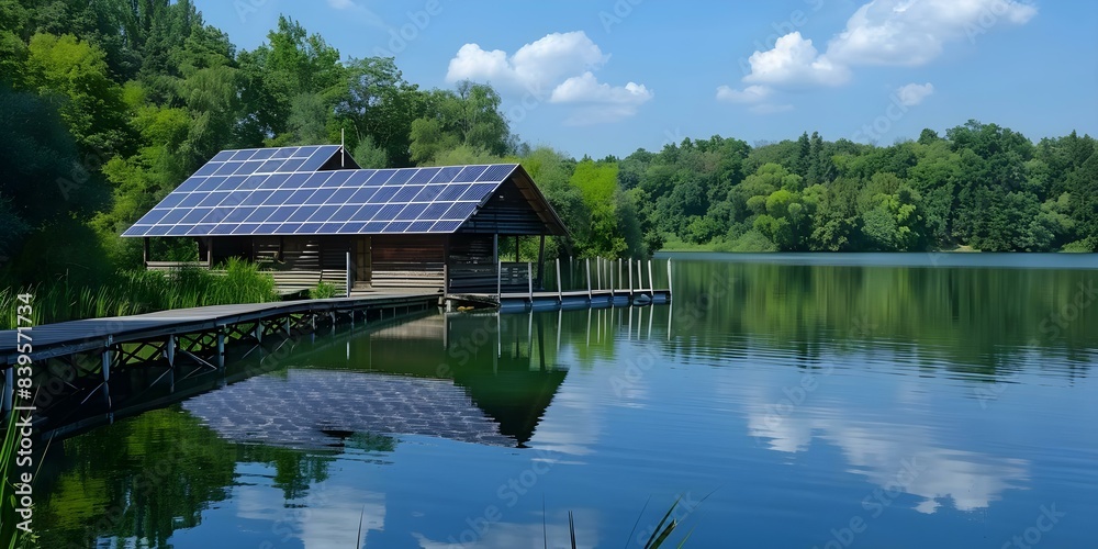 Fototapeta premium Solar panels on a lake harness energy while optimizing space and serenity. Concept Sustainable Energy, Solar Technology, Environmental Innovation, Renewable Resources, Waterfront Development
