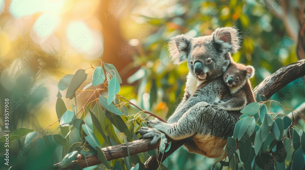 Obraz premium Koala mother and baby perched on a eucalyptus tree. Adult koala with a young joey in a natural setting. Concepts of wildlife, parenting, nature, Australian animals