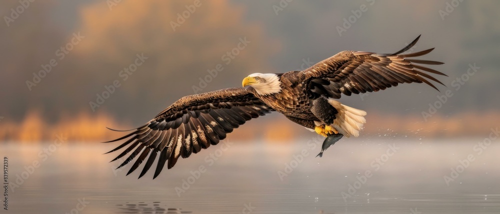 Fototapeta premium An eagle soars above the water, carrying a fish in its talons. AI.