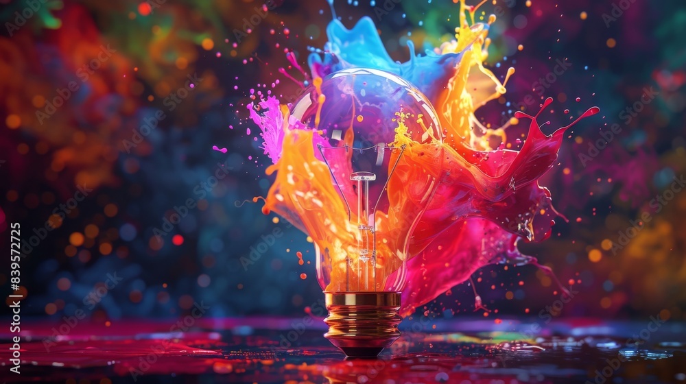 Explosion of vibrant colors from a light bulb, representing creativity and inspiration Explosion of vibrant colors from a light bulb, representing creativity and inspiration
