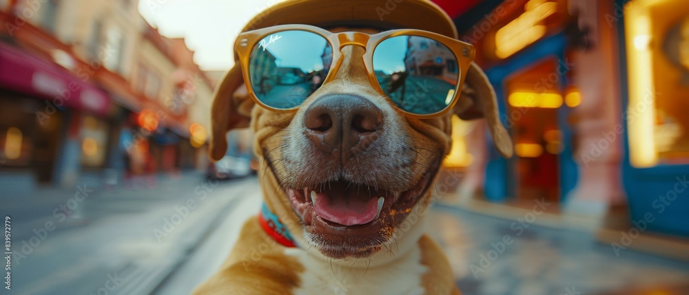 A closeup of a happy dog wearing sunglasses. AI. A closeup of a happy dog wearing sunglasses. AI.