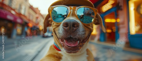 A closeup of a happy dog wearing sunglasses. AI.