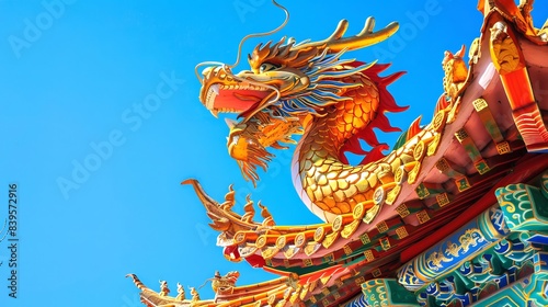 Colorful Asian dragon sculpture on temple rooftop. Concept of Chinese culture, mythical creature, tradition, spirituality © Jafree